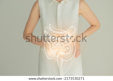 Unrecognizable female patient in white clothes, highlighted handrawn intestine in hands. Human digestive system issues concept. Royalty-Free Stock Photo #2173530271