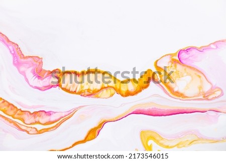 Fluid art texture. Backdrop with abstract swirling paint effect. Liquid acrylic picture that flows and splashes. Mixed paints for interior poster. Pink, white and orange overflowing colors
