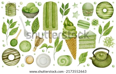 Set of watercolor illustrations of matcha tea, ice cream, cupcake, donut, matcha leaves, cookies, roll.