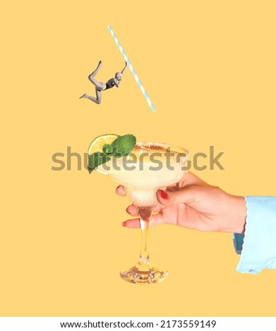 Contemporary art collage. Young girl in wimmin suit and cap jumping into delicious cocktail isolated over yellow background. Concept of summer, mood, creativity, party, fun. Copy space for ad, poster