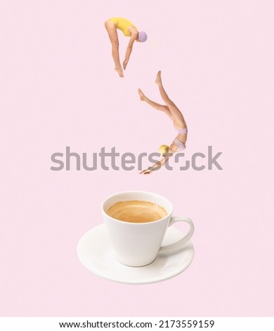Contemporary art collage. Creative design with two girls diving into coffee cup isolated on pink background. Concept of summer, mood, creativity, imagiation, party, fun. Copy space for ad, poster