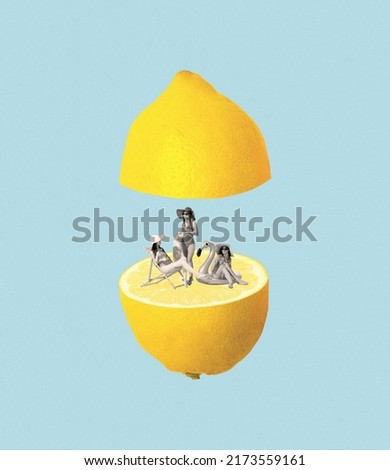 Contemporary artwork. Three stylish woman chilling on lemon beach isolated over blue background. Concept of summer, mood, creativity, imagiation, party, fun. Copy space for ad, poster. Colorful design