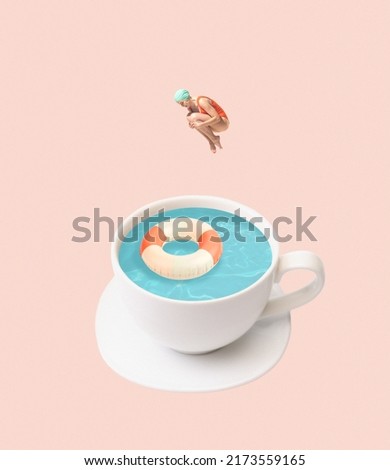 Contemporary art collage. Young girl in swimming cap jumping into swimming pool cup isolated on peach background. Concept of summer, mood, creativity, imagiation, party, fun. Copy space for ad, poster