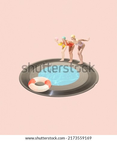 Contemporary art collage. Three girls preparing to jump into vinyl record swimming pool isolated on peach background. Concept of summer, mood, creativity, party, fun. Copy space for ad, poster