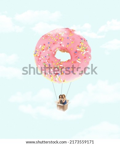 Contemporary art collage. Creative colorful design with two stylish girls flying on donut like on air balloon. Concept of summer, mood, creativity, imagiation, party, fun. Copy space for ad, poster