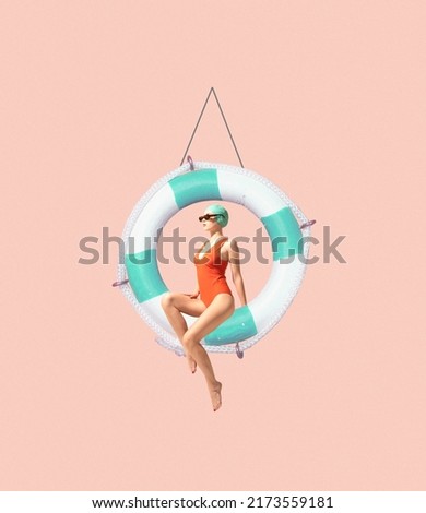 Contemporary art collage. Stylish young girl in swimming suit and cap sitting on lifebuoy isolated over peach background. Concept of summer, mood, creativity, party, fun. Copy space for ad, poster Royalty-Free Stock Photo #2173559181