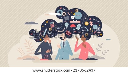 Social psychology study as society mental health research tiny person concept. Thoughts, feelings, beliefs, intentions and goals construction by social context or imagined interactions with others. Royalty-Free Stock Photo #2173562437