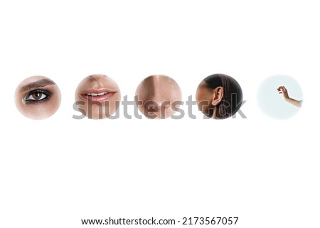 5 senses - hearing, smell, taste, touch, sight. Set of human sense organs in circles isolated on white background. collage in modern line art style Royalty-Free Stock Photo #2173567057