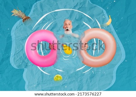Creative collage image of astonished aged person hold two inflatable rings swimming fruits water