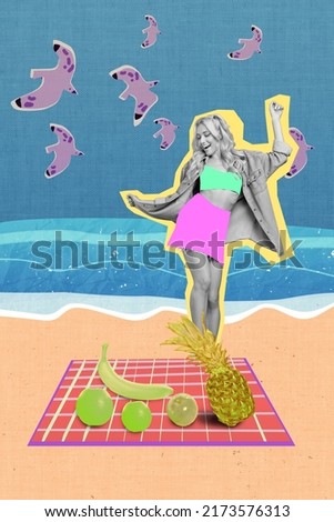 Exclusive minimal magazine sketch collage of young girl spending good day on beach dancing isolated colorful background