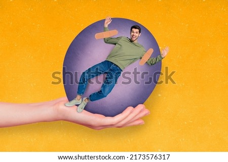 Collage photo of crazy man pinned to big purple ball being manipulated by big hand holding him isolated on yellow background