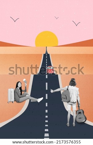 Photo artwork image picture collage of funny funky guy girl waiting bus sitting roadside isolated colorful background Royalty-Free Stock Photo #2173576355