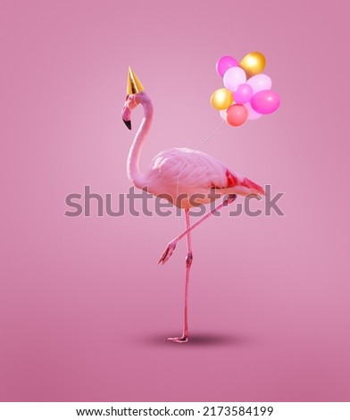 Happy pink flamingo in birthday cap with party helium balloons - concept mixed media composition image.