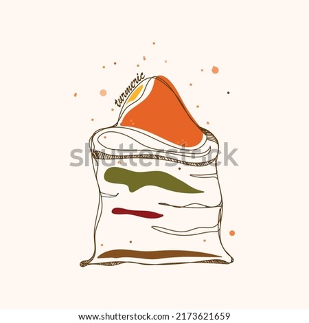Linear pattern of turmeric. Vector illustration of a spice bag with orange spots. Picture of turmeric for package or recipe design or advertising.