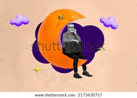 Collage picture of aged person black white colors sitting huge orange moon shape hold suitcase dream isolated on creative night background
