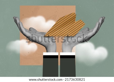 Composite collage illustration of human hands black white gamma hold paper aircraft isolated on creative background