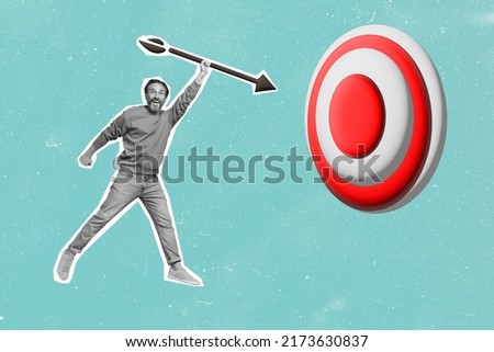 Composite collage picture of excited positive mature man black white gamma hand hold fly arrow darts target