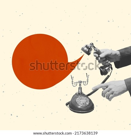 Contemporary art collage. Human hand holding retro vintage phone isolated over light background. Communication. Talks, fakes, gossip. Concept of style, retro, art, creativity, imagination.