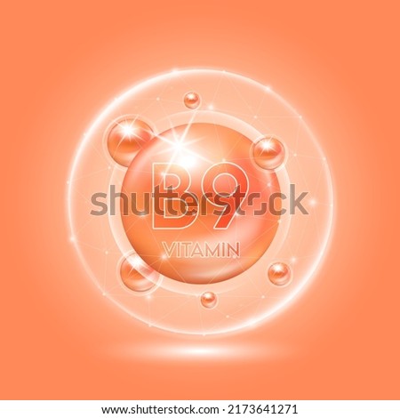 Vitamin B9 orange and translucent dome. Vitamins complex collagen. Beauty treatment nutrition skin care design. Medical and scientific concepts. 3D vector EPS10. Royalty-Free Stock Photo #2173641271