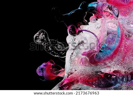 3d render of surreal 3d background with fantasy water liquid splash with small dust sand balls particles inside in metal material in grey chrome and purple pink and blue mix color