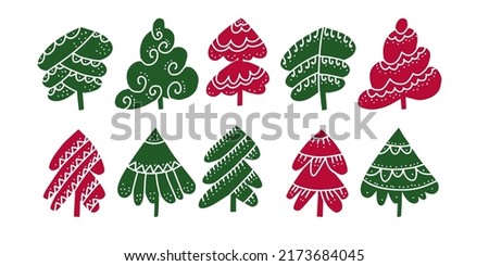 Christmas tree silhouette in a cute funny style. Xmas Vector Xmas tree bundle.Assorted Christmas tree set