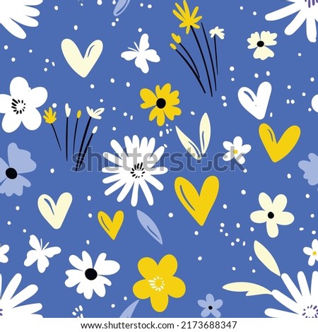 Seamless floral pattern based on traditional folk art ornaments. Colorful flowers on color background. Scandinavian style. Sweden nordic style. Vector illustration. Simple minimalistic pattern.