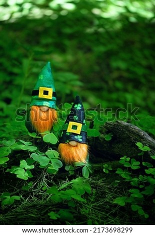toy irish gnomes in mystery forest, abstract green natural background. magic friends dwarfs, fantasy nature. fairy tale image. spring or summer season. symbol of Ireland. st.Patrick's day.