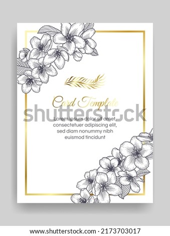 Vector botanical floral wedding invitation elegant card monochrome template. Apple flowers and golden frame. Romantic design for greeting card, natural cosmetics, women products.