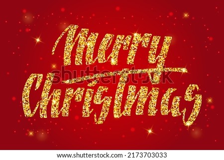 Merry christmas greetinig card with golden glitter lettering. Hand drawn text, gold calligraphy over red background with blurry lights. Xmas holiday vector illustration.
