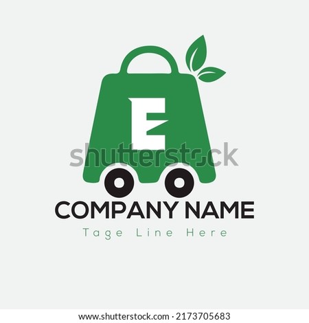 Eco Shopping Logo On Letter E Template. Eco Shopping On E Letter, Initial Eco Shopping Sign Concept, Cart, Shop logo icon