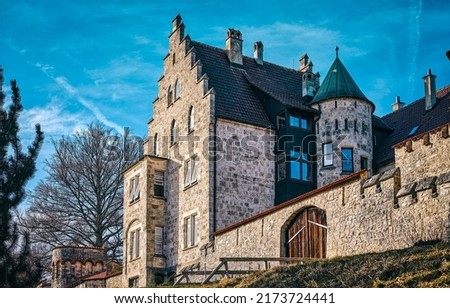 View of the old mansion. Old mansion house. Stone mansion exterior. Mansion house Royalty-Free Stock Photo #2173724441