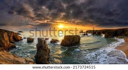 Panoramic sunset landscape over the sea coast. Sea coast at sunset. Sunset sea coast panorama. Sea coast sunset panoramic landscape Royalty-Free Stock Photo #2173724515