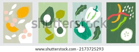 Abstract still life in pastel colors. Paper cut elements for social media, postcards, and print. Hand-drawn lemon, chickpea, avocado, lime, bell pepper, spinach, bell pepper strips, seeds, cucumber