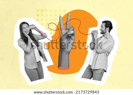 Composite collage picture image of two excited crazy people black white effect speak play cup game huge hand demonstrate v-sign