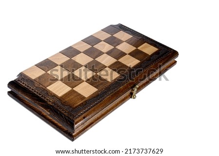 Beige Brown Natural Wooden Classic Empty Chessboard with casket chest on white background. Board for sports chess tournament leisure game. Diagonally side view.