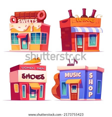 Wild west buildings set. Sweets, wine, music and shoes shop. traditional western architecture isolated on white background. House exterior, cowboy style design, Cartoon shops vector clip art
