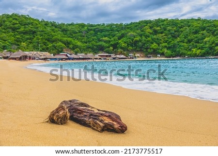 Huatulco bays - Maguey beach. Beautiful beach with pristine waters, with turtles and fishes. Mexican beach with wooden huts by the sea Royalty-Free Stock Photo #2173775517