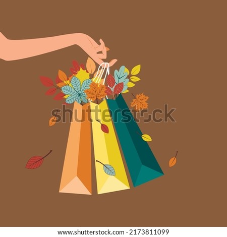 The symbolism of shopping during the autumn, a womans hand holds elegant packages with tree leaves, for advertising, postcards, gifts, stickers and more. Vector illustration