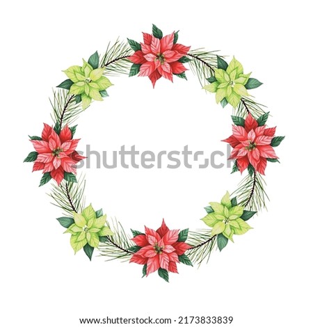 Wreath with watercolor hand draw flowers of poinsettia.
