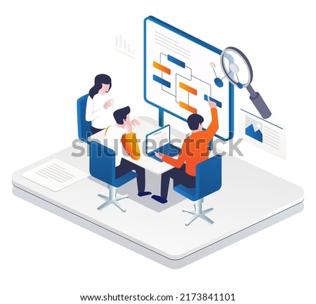 Isometric illustration concept Team discussion about organizational system Royalty-Free Stock Photo #2173841101