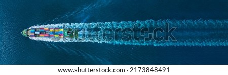 webinar banner, Aerial top view of cargo maritime ship with contrail in the ocean ship carrying container and running for export concept technology freight shipping by ship smart service  forwarder  Royalty-Free Stock Photo #2173848491