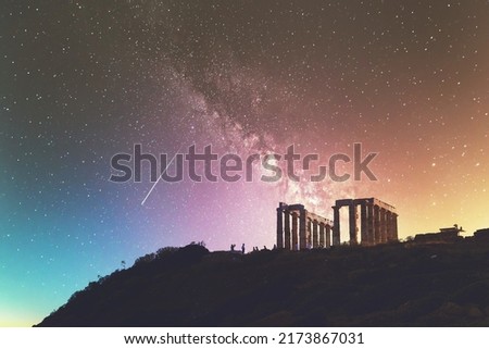 Temple of Poseidon with starry sky 