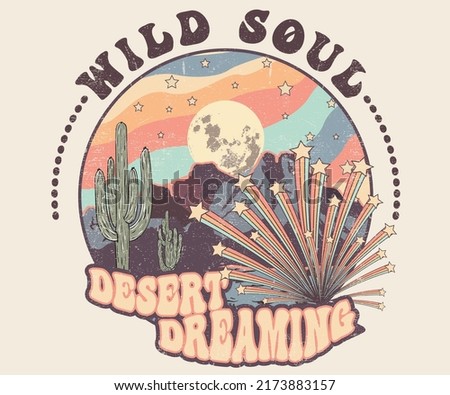 Arizona desert dreams with light blast vector graphic print artwork for apparel, stickers, background and others. Desert night view retro vintage illustration. Desert dreaming t-shirt design. 