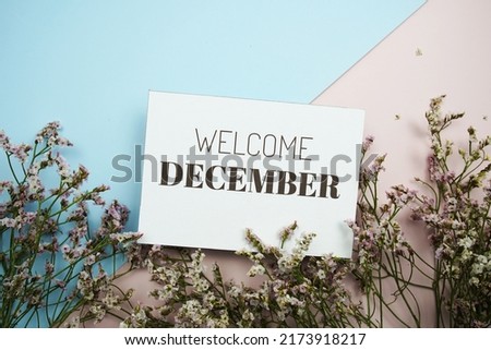 Welcome December text message with flower on blue and pink background