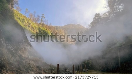 Mountain fog scenery with blurry view for holiday travel location