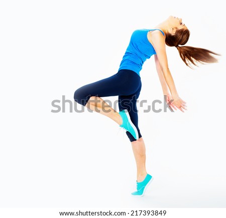 fitness woman doing dancing exercise. white background
