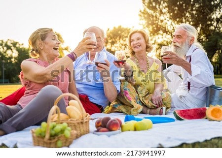 Group of youthful seniors having fun outdoors - Four pensioners bonding outdoors, concepts about lifestyle and elderly