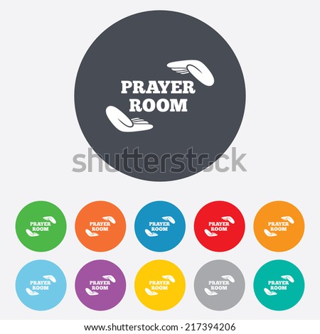 Prayer room sign icon. Religion priest faith symbol. Pray with hands. Round colourful 11 buttons. Vector