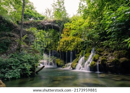 The river flows downstream through the wilderness forest creating waterfalls flowing over rocks covered with green, yellow and red moss. Lost places for adventures. Venus'Hair