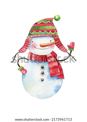 Cheerful, cartoon snowman in a hat and scarf watercolor illustration. Christmas, New Year character. Hand drawn cute snowman isolated on white background.